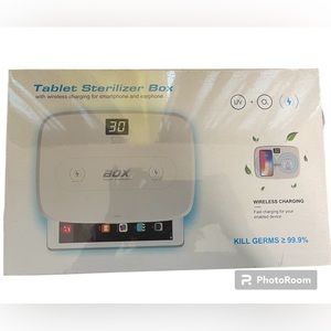 Tablet sterilizer box w/ wireless charging for smartphone and earbuds